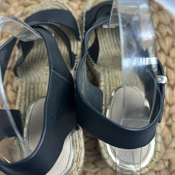 Kennith Cole New York Jute And Black Leather Strap Wedged Summer Sandals - Picture 6 of 7